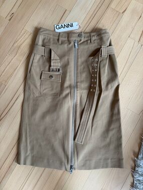 Ganni Tan Utility Midi Skirt with Studded Belt Detail